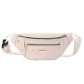 Beige nylon waist bag with golden hardware and adjustable strap on white background - White