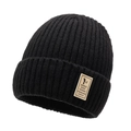 Premium black ribbed knit winter beanie hat for men featuring a decorative patch - Black