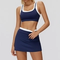 Two-piece navy blue yoga set with white contrast trim and pleated sports skirt - S / Top And Bottom / Navy Blue
