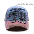 Vintage washed denim baseball cap in blue and wine red with number 79 embroidery - Burgundy