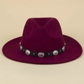 Burgundy wool felt fedora hat with black leather band and silver rivet accents - M(56-58cm) / Burgundy