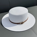 White straw boater hat with a brown leather-style band and a gold buckle detail - M (56-58cm) / White