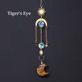 Tiger eye stone moon sun catcher with golden alloy chain and blue crystal beads - Tiger's Eye Moon Wind Chime Pendant