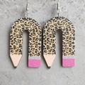 Cute U-shaped wooden pencil earrings with leopard print and pink eraser detail for teachers - Leopard Print Pencil