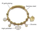 Adjustable gold braided wire stainless steel bracelet with zircon heart and crown charms - C-Gold Crown Style