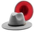 Gray wool fedora hat with gold chain detail and bold red underbrim for couples - Light Grey and Red