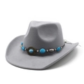 Light gray wool felt cowboy hat with ethnic style turquoise beaded decorative band - M (56-58cm) / Gray