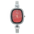 Women's fashion watch with red oval dial, crystal bezel, and silver Milanese mesh strap - Red