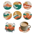 6-pack round diamond painting coasters with landscape patterns and black metal holder - Landscape Mood Style
