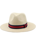 Classico cappello Panama in paglia con nastro a righe blu e rosse per viaggi estivi e spiaggia - M (56-58cm) / Beige
