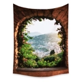 Detail of bohemian tapestry featuring a coastal landscape through a brick stone window arch - Zj714-6