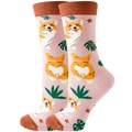 Pink mid-calf socks featuring cute Corgi dog patterns and heart motifs for women - Nude Corgi