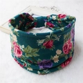 Bohemian floral wide headband with pink and red roses on deep green elastic fabric - 84