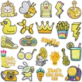 Vibrant yellow embroidered patch set featuring cartoon rabbits, bees, and cool aesthetic icons - Set of 24 (X15SD-195-YT)