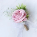 Pink silk rose groom boutonniere with white organza bow and rustic jute handle - Bean Paste Pink Boutonniere