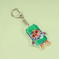 Cartoon cat soda can acrylic keychain with green apple flavor design and D-ring - Soda Can Design