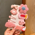9-piece pink cartoon hair clip set for girls with plush flowers and cute resin bunny - 458 Pink Flower 9pcs Set