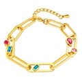 Bracelet à maillons trombones dorés orné de zircons carrés bleus et ronds roses - Couleur Or (GS1491)