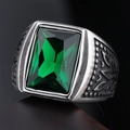 Men's vintage stainless steel ring with large rectangular green gemstone and ornate carvings - US Size 8 / Green Gemstone