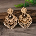 Vintage bohemian gold fan earrings with white pearl tassels and intricate metal carving - White