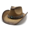 Summer straw cowboy hat with turquoise stone band and vintage distressed wide brim finish - M (56-58cm) / Khaki Brown Gradient