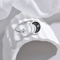 Anello aperto regolabile con luna e stella in argento con smalto nero e zircone intarsiato - Color Acciaio