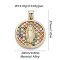 Detail view of a gold plated Virgin Mary pendant with colorful zirconia and measurements - Round Virgin Mary