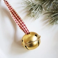 Golden Christmas bell with star cutouts and red white checkered ribbon hanging ornament - 4cm Bronze Bell Red White Plaid Strap 3 Pieces