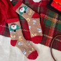 Thick coral fleece Christmas socks in khaki and red with festive Santa patterns - One Size / Khaki with Santa