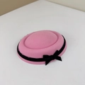 Elegant pink wool fascinator pillbox hat with black velvet ribbon and bow detail - One Size / Pink With Black Bow