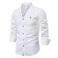 Chemise homme en coton et lin blanc à manches longues avec col mao et broderie bleue - XS / Blanc (Style 71)