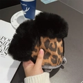 Gants tactiles d'hiver pour femmes avec motif léopard et bordure en fausse fourrure - Taille unique / Demi-Doigts / Noir Demi-doigt