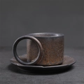 Japanese vintage ceramic coffee cup with large loop handle and dark metallic glaze - 220-c Circle Cup With Saucer (gilded) 220ml / Universal