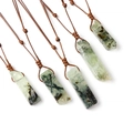 Handcrafted woven necklace set with natural green stone rectangular pendants and brown rope - Prehnite