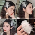 Dettaglio di un fermaglio per capelli in piume bianche con perla su una modella - Bianco - Perla Piccola Piuma Fluttuante Paio