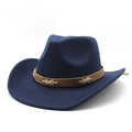 Close-up of dark blue wool felt cowboy hat with brown faux leather braided band - M (56-58cm) / Navy Blue