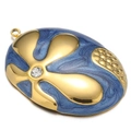 Blauwe emaille roestvrijstalen ovale hanger met gouden bloemmotief en kristal - 1.5mm Enkel Gat (5 stuks/pak) / Blauw