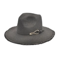 Detail of black straw fedora showing woven texture, frayed brim and gold buckle strap - M (56-58cm) / Black