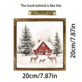 Detail of 20x20cm wooden Christmas wall art showing back sawtooth hook and snowy scene - 20x20x1cm / Wooden Frame Decor Reindeer and House