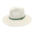 Detail of beige straw fedora featuring a green leather band and fringed brim edges - M (56-58cm) / Pure White