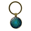 Mandala Flower of Life keychain with blue glass pendant and antique bronze metal ring - Style 11 / Antique Bronze