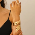 Set de pulsera y anillo de hoja dorada con texturas de vetas realistas - Juego de anillo de hoja + pulsera ancha estilo 2 / Dorado