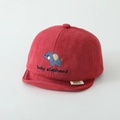 Detail shot of baby elephant embroidery on a red suede winter cap for infants - Elephant / Burgundy