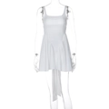 Detailed close-up of white summer dress featuring square neck and side drawstring accents - S / White