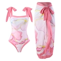 Pinkfarbener Bikini mit Marmordruck, Wickelrock und großen dekorativen Schleifen - S / Oberteil Und Unterteil / Rosa Wasserwellen