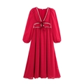 Elegant red polka dot maxi dress with V-neckline, long sleeves, and bow detailing - XS / Red