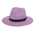 Detail of purple paper straw fedora hat featuring woven texture and black band with gold buckle - M(56-58cm) / Taro Purple