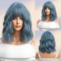 Ash blue wavy wig with neat bangs, full bobo style hairpiece in three viewing angles - Blue