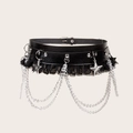 Liguero punk de cuero negro y encaje con cadenas de metal y colgantes de estrella - Estilo Retazos de Encaje Cadena Estrella