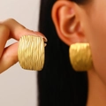 Gold plated stainless steel rectangular earrings with vertical water ripple texture - 18K Gold Plated Textured Square (N-976)